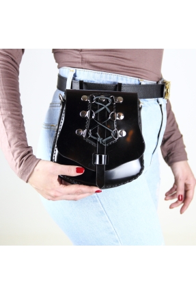 Genuine Leather Waist Bag with Corset Detail