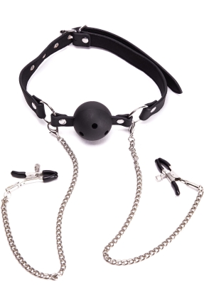 Hakiki Deri Ball Gag + Meme Ucu Kıskacı