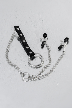 Faux Leather Penis Ring Nipple Clamp, silver, 60 cm