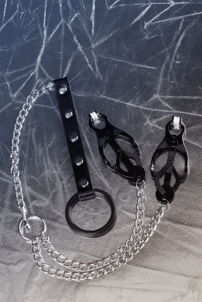 Faux Leather Penis Ring Nipple Clamp, Black