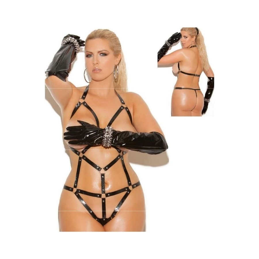 Siyah Özel Bölgeleri Açık Deri Harness Seksi Fantezi Bodysuit