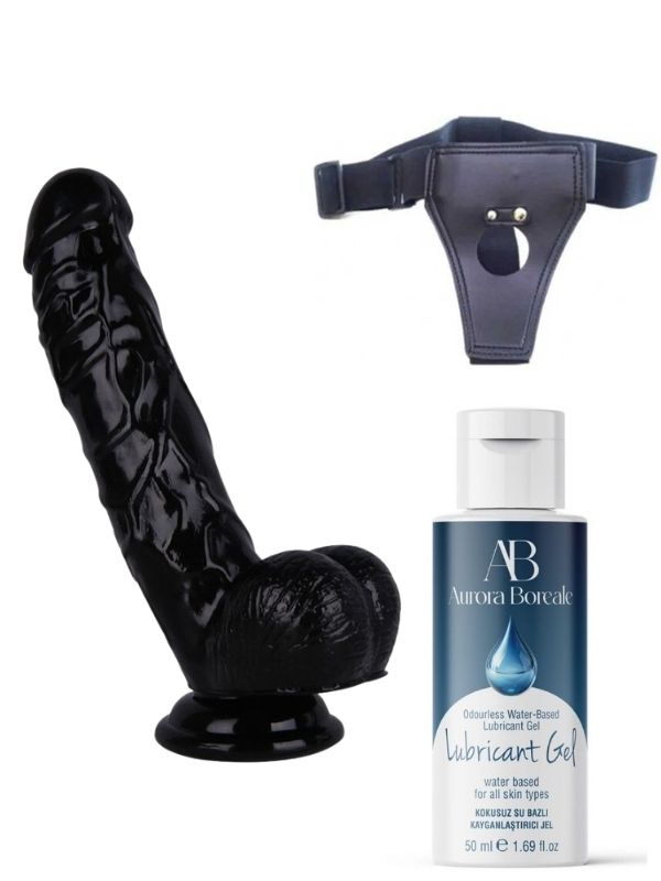 Belden Bağlamalı Kayganlaştırıcı Set + Noctis 21,5cm Siyah Dildo