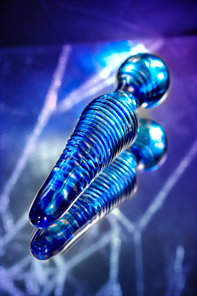 Double-sided glass dildo, blue, 17 cm