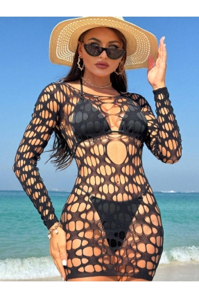 Lola Uzun Kollu Dekolteli File Mini Elbise