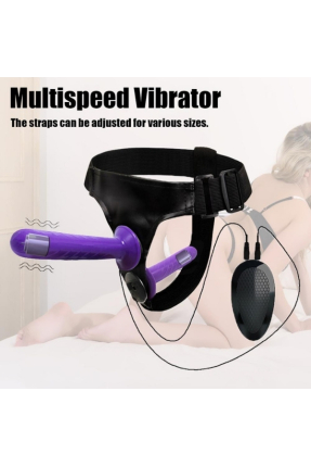 Mor Double Dong Titreşimli Belden Bağlamalı Çift Taraflı Bisex Dildo Vibratör